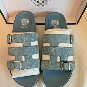 New Vince Camuto VC Freoda Lagoon Blue Silky Suede Slides Sz. 10